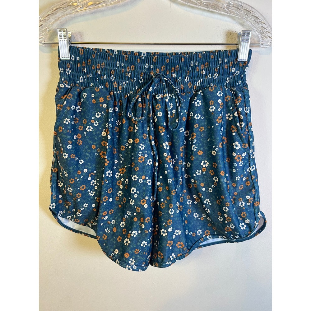 Women‎ Athletic Shorts Floral Smocked Waist Teal Blue Size S/M